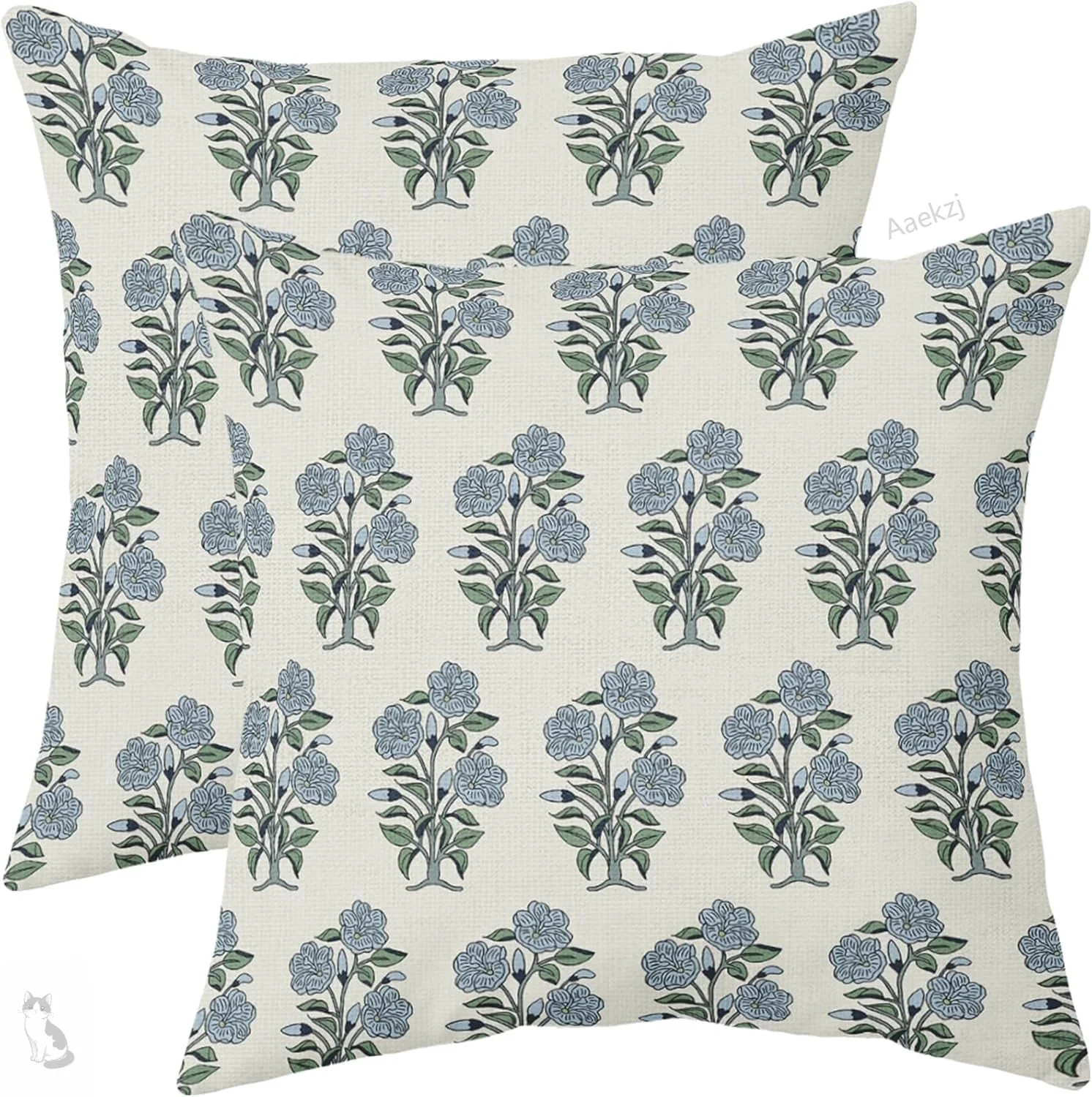 Aaekzj Blue Green Floral Block Print Pillow Covers 18x18 Set of 2 Chinoiserie Flower Leaves Outdoor Decorative Farmhouse Pillowcases Linen Cushion Case Decor for Home Sofa Couch Bed - Walmart.com | Walmart (US)