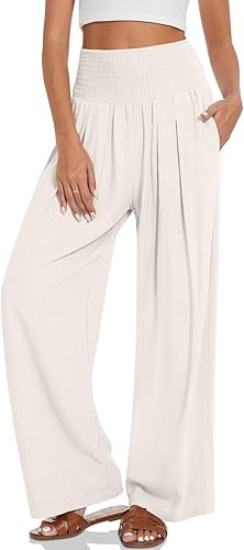 UEU Women's Linen Palazzo Pants Wide Leg High Waisted Lounge Casual Beach Pants with Pockets | Amazon (US)