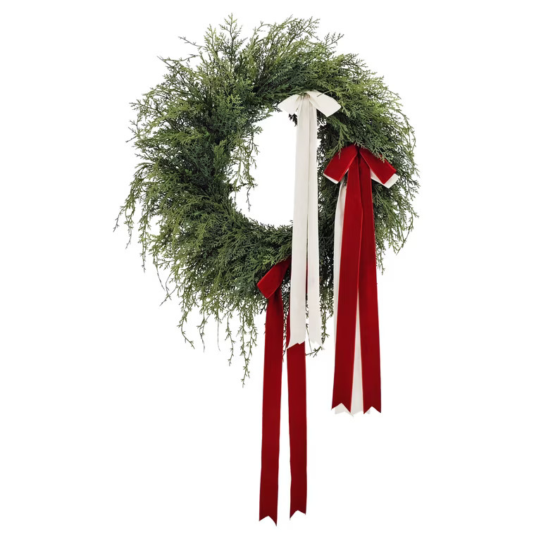 Evergreen Artificial Christmas Wreath with Bows, Green/Red/White, 24", by Holiday Time | Walmart (US)