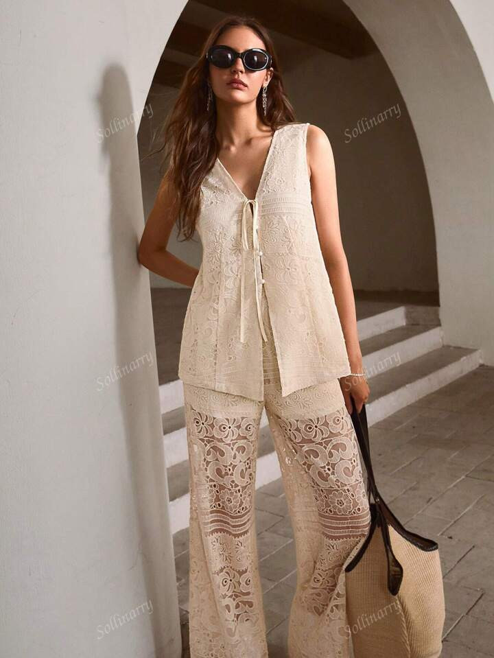 2pcs Women Summer Sleeveless V-Neck Tie-Up Top And Long Pants Set, Suitable For Holiday, Music Festival, Western Style | SHEIN