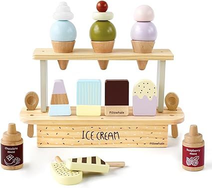 Pillowhale Wooden Ice Cream Toy,Pretend Play Food Toys,Play Ice Cream Counter Set for Kids,Play K... | Amazon (US)