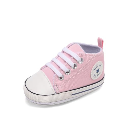 xioqen Baby Boys Girls Canvas High Top Sneakers, Non-Slip Denim First Walkers, Infant Newborn Soft Fashion Shoes (01/Light Pink Rubble Sole,6-12 Months) | Amazon (US)