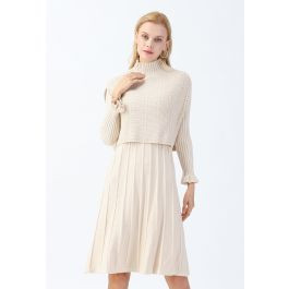 Mock Neck Pleated Knit Twinset Dress in Cream | Chicwish