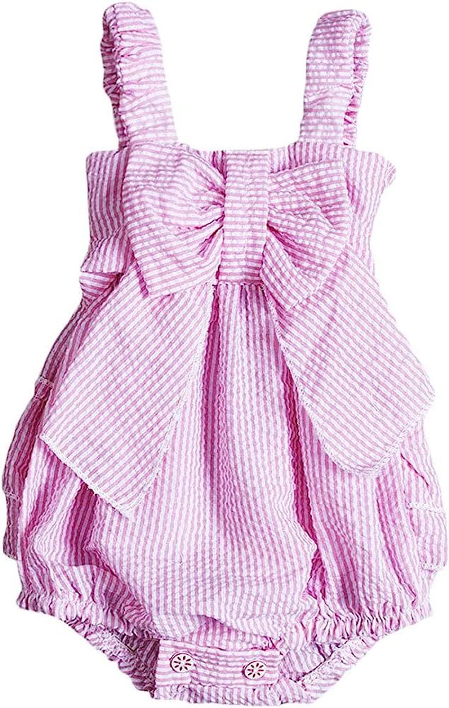 Baby Girls Striped Seersucker Bubble Straps Ruffle Layers Bowknot Romper | Amazon (US)