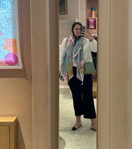 An uptown day, trying on scarfs at Hermes. I am wearing my favorite Spanx pants; they are just so comfortable and versatile. I wear size 1xTall  