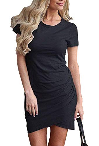 BTFBM Women’s 2019 Casual Crew Neck Ruched Stretchy Bodycon T Shirt Short Mini Dress | Amazon (US)