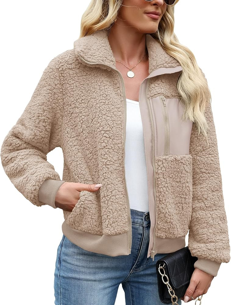 LOMON Women's Sherpa Fleece Jacket Casual Lapel Fuzzy Faux Shearling Zipper Coats Loose Fit Warm ... | Amazon (US)