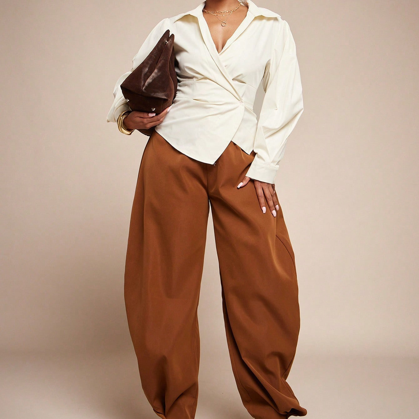 Vixey Pointed Collar V Neck Wrap Around Asymmetrical Hem Pleated Long Sleeve Office Shirt | SHEIN