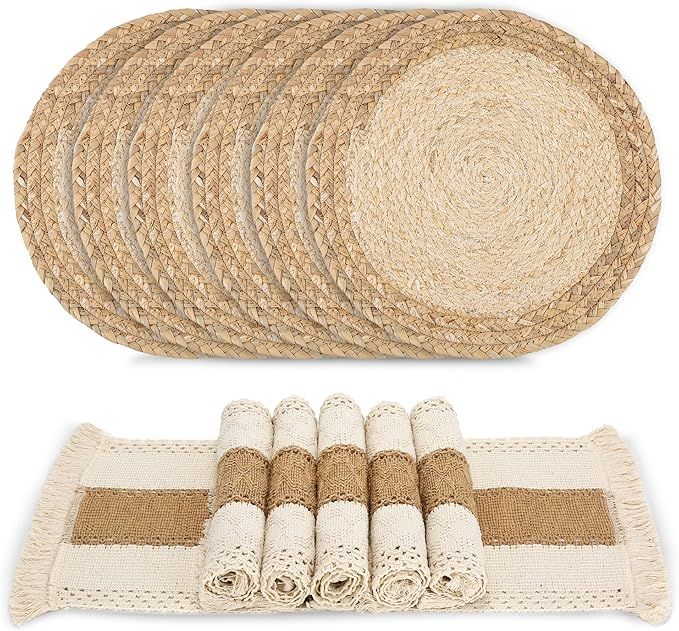 Handmade Boho Placemats Set of 6 - Natural Cotton Burlap and Water Straw Woven Combination Table ... | Amazon (US)