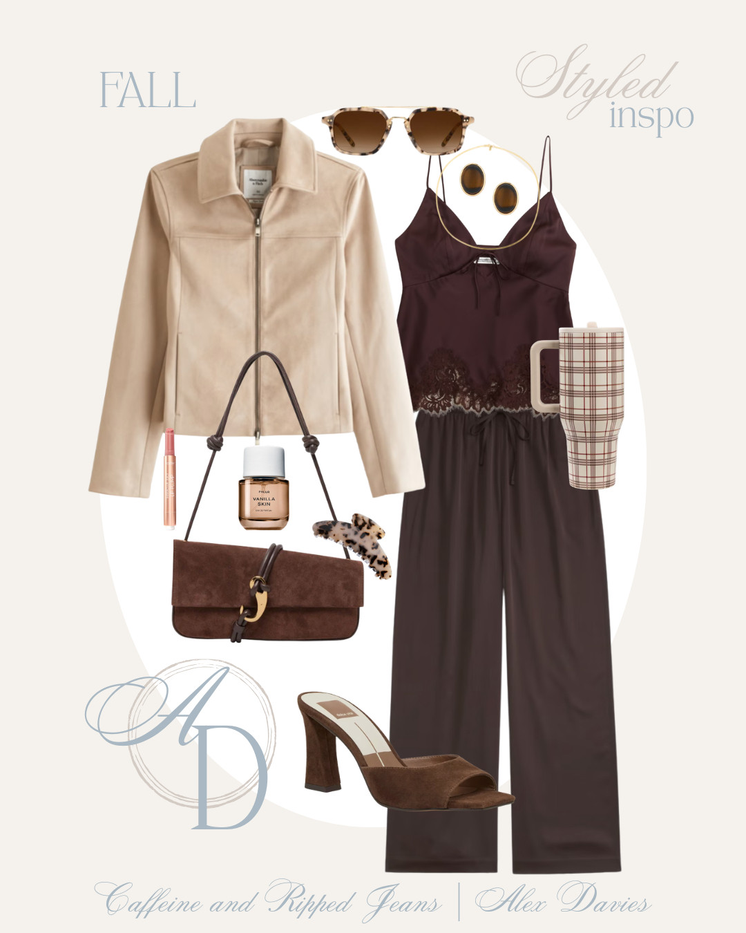 // monochromatic fall outfit inspo // fall outfit // suede zip jacket // suede jacket // slim jacket // satin pants // silk pant // silk top // sunglasses // dolce vita bag // brown suede heels // tortoise shell clip //  

 #LTKgrwm #LTKootd #LTKSeasonal