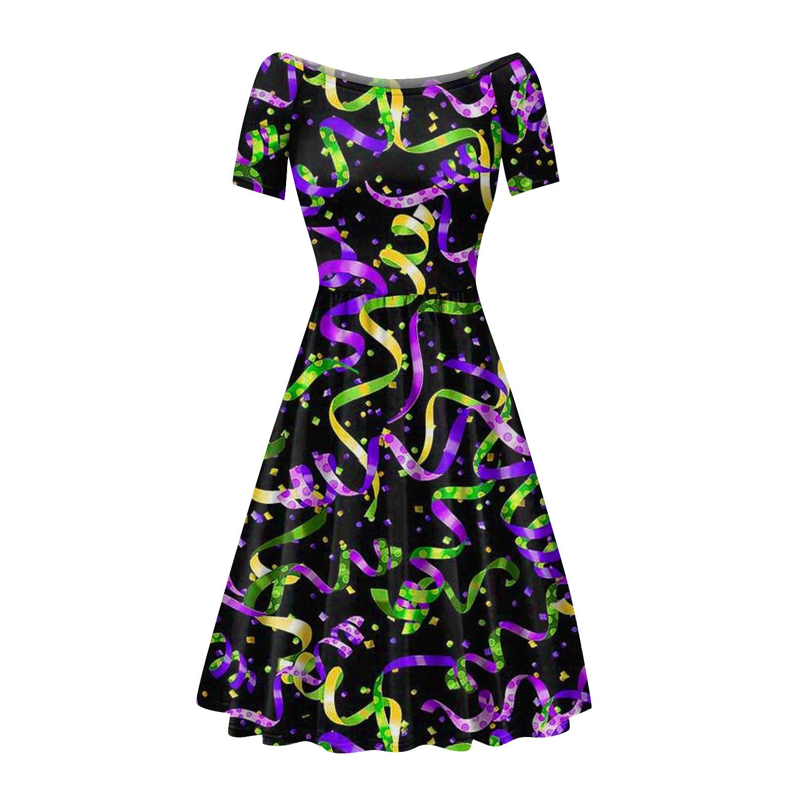 SENDKEEL Women's Off Shoulder Dress Mardi Gras Print Short Sleeve Raglan Round Neck Large Neck Ca... | Walmart (US)