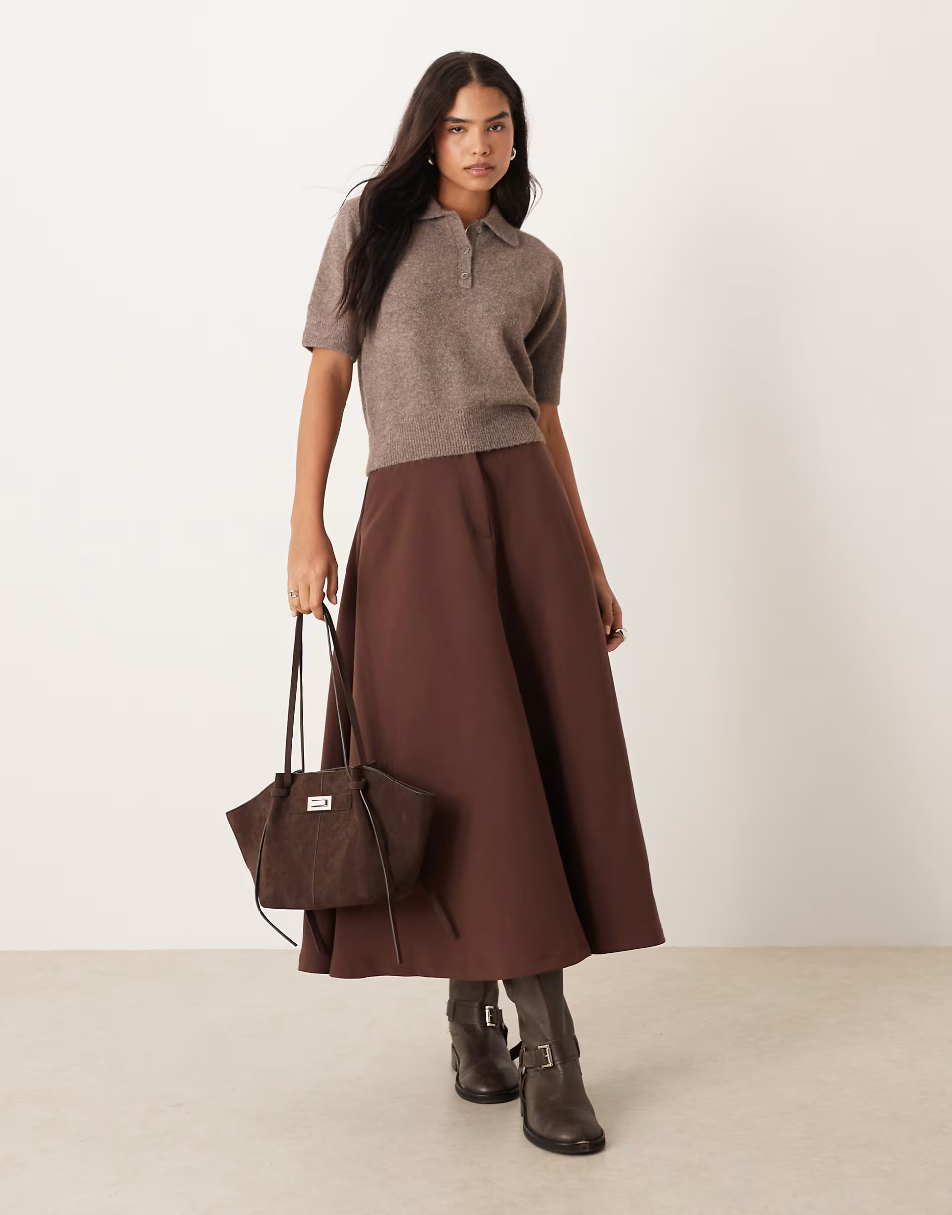 Gina Tricot knit short sleeve collar top in brown | ASOS | ASOS (Global)