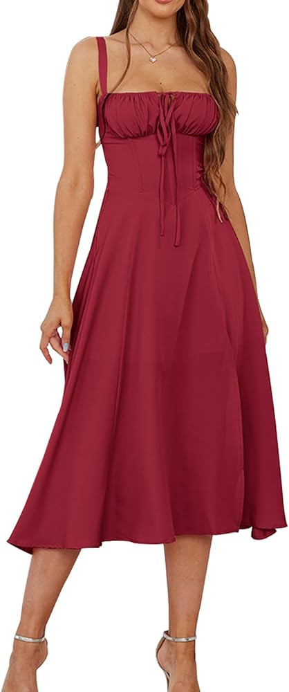 Floral Midi Corset Dress Boho Flowy Slit Lace Up Dresses for Women Going Out A Line Casual Sundre... | Amazon (US)