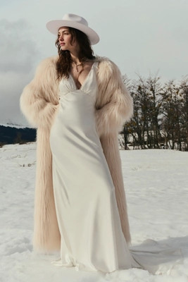 Watters Louisa V-Neck Satin Column Wedding Gown | Anthropologie (US)