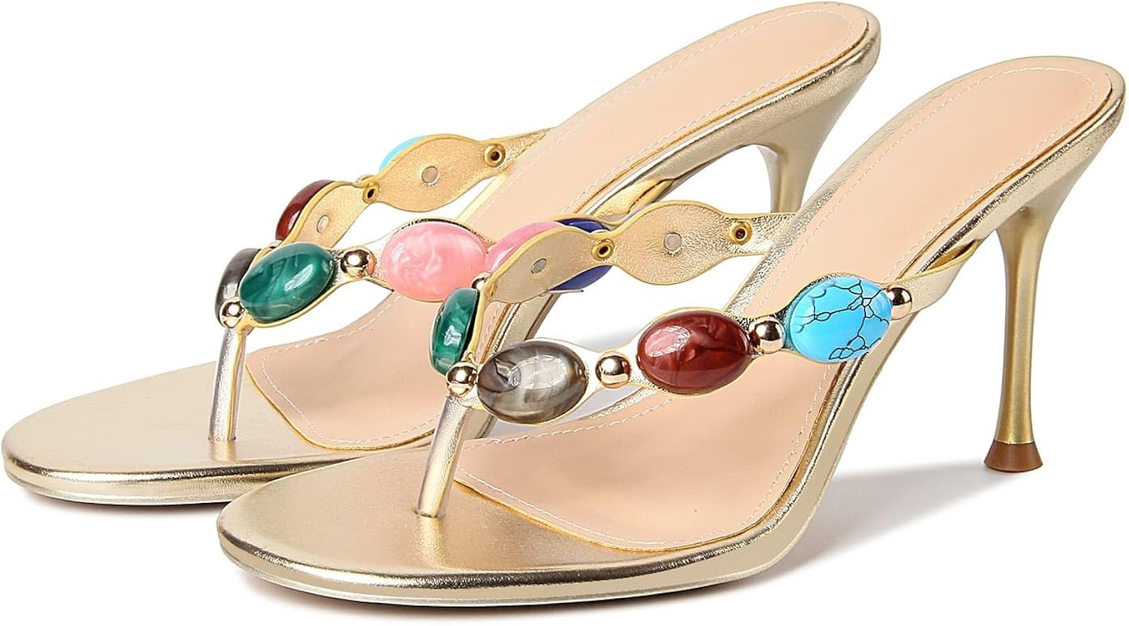 DREAMSTORY Women's Jeweled Thong Strappy Heels Sandals Comfortable Round toe High Heel Dressy Sum... | Amazon (US)