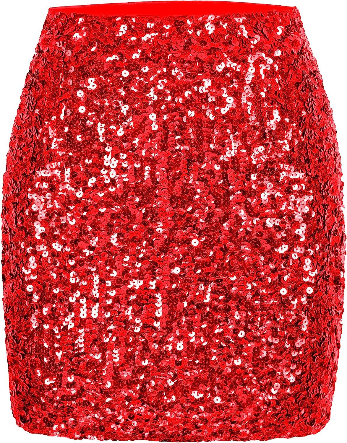 Amazon.com: MANER Women's Sequin Skirt Sparkle Stretchy Bodycon Mini Skirts Night Out Party (Red,... | Amazon (US)