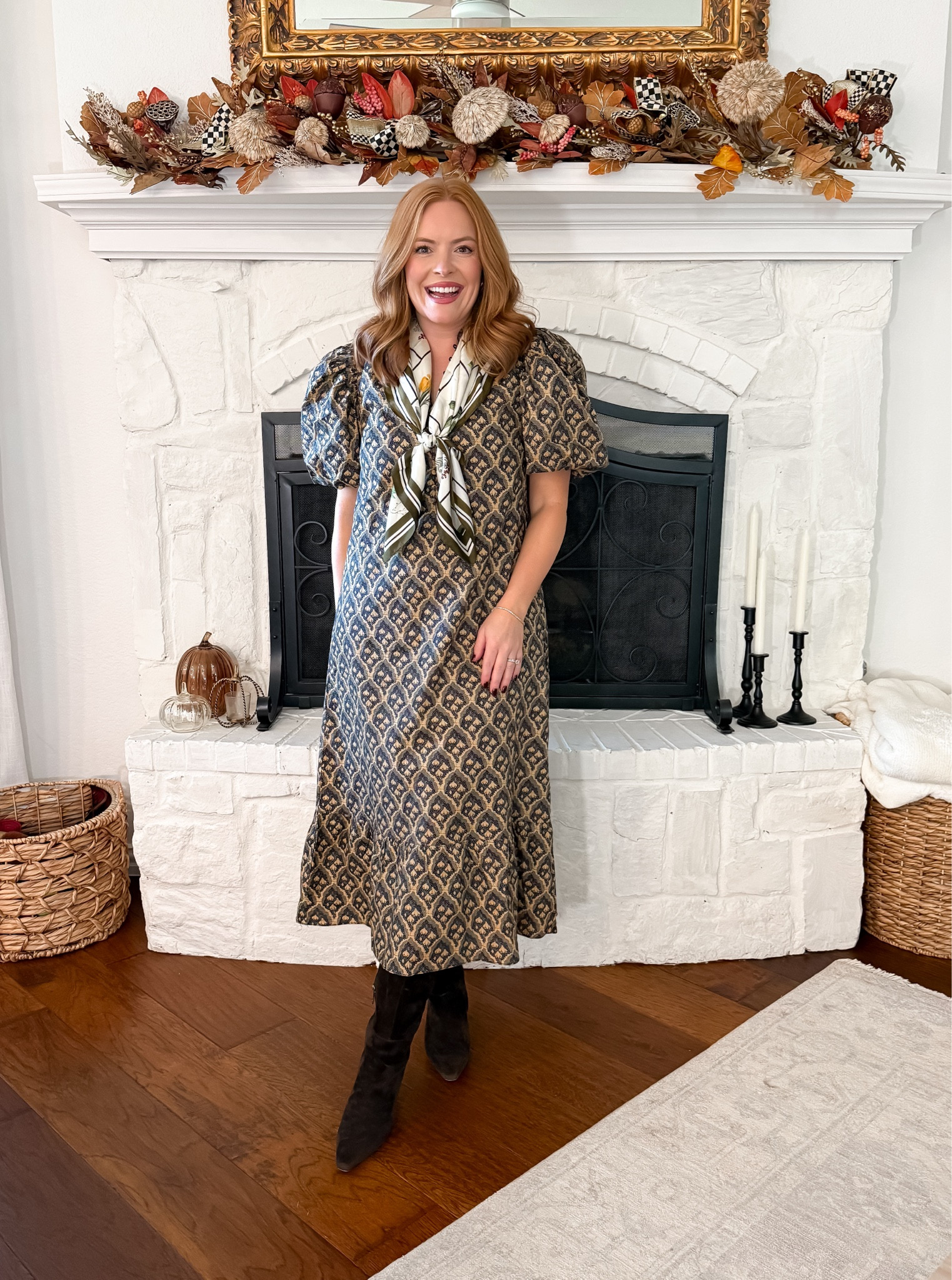 This printed midi dress + silk scarf is giving timeless fall style vibes 🍁 Perfect for teacher outfits, work presentations, or holiday events. Puff sleeves make it feminine, and knee boots keep it cozy and sophisticated.

Keywords: fall midi dress outfit, scarf outfit ideas, workwear dress fall, holiday outfit ideas, teacher fall style, knee boots outfit
Shop on LTK: #LTKFallFashion #LTKDresses