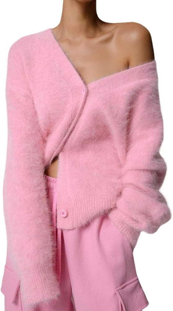 Yimoon Womens Fuzzy Cardigan Sweater V Neck Long Sleeve Button Down Slouchy Furry Knit Sweaters 2... | Amazon (US)