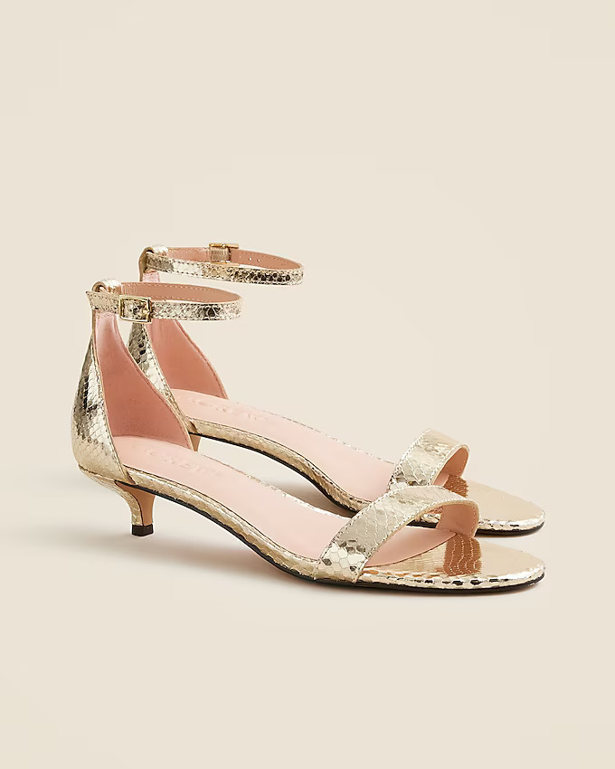 Ankle-strap kitten-heel sandals in Italian snake-embossed metallic leather | J. Crew US