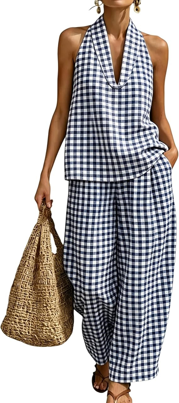 Amazon.com: QIBABU Womens Summer Gingham 2 Piece Set Halter Neck Sleeveless Top Pant Sets Casual ... | Amazon (US)