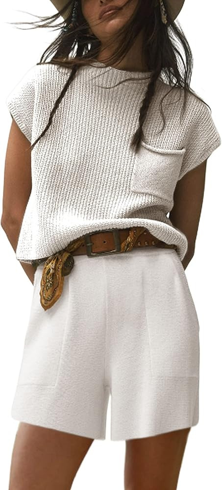 Xiaoxuemeng Womens 2 Piece Sweater Sets Summer Knit Tank Top and High Waist Shorts with Pockets | Amazon (US)