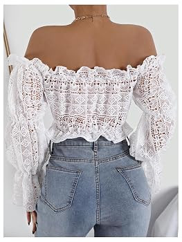 WDIRARA Women's Deep V Neck Tops Ruffle Trim Bell Sleeve Tie Front Lace Crop Top Sexy Tops for Wo... | Amazon (US)