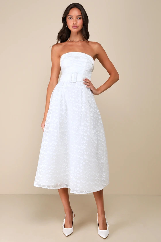 Enviable Grace White Burnout Strapless Belted Midi Dress | Lulus