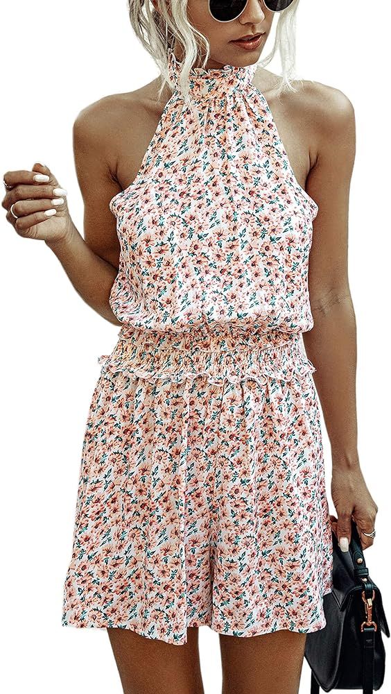 Angashion Women's Rompers - Summer Floral Ruffle Halter Neck Sleeveless Elastic Waist Romper Shorts  | Amazon (US)