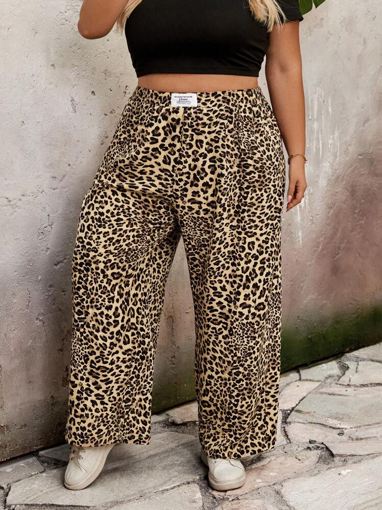 SHEIN CURVE+ Plus Size Women Leopard Print Woven Fabric Casual Highwaist Wide Leg Pants With Pockets, Versatile Loose Trousers For Commuting And Daily Wear,Curve Plus ,Hoho Vacation | SHEIN