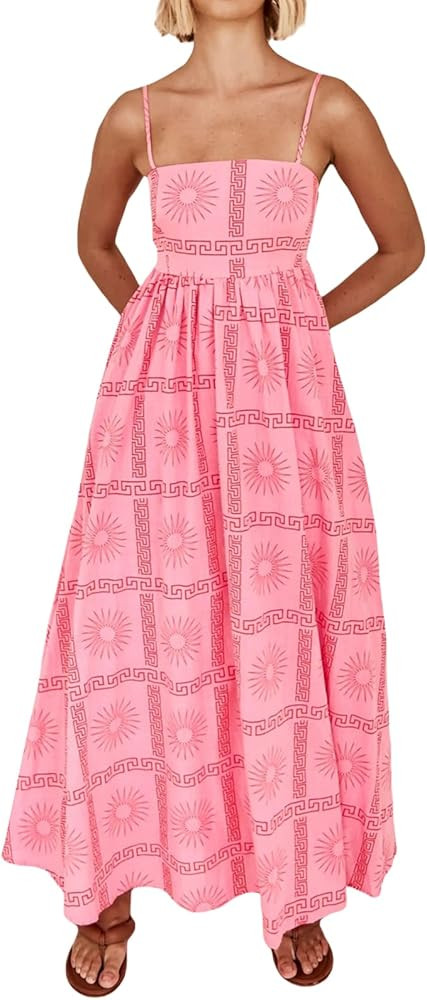 Women's Boho Maxi Dress Floral Graphic Spaghetti Strap Ruffle A Line Swing Summer Beach Party Lon... | Amazon (US)
