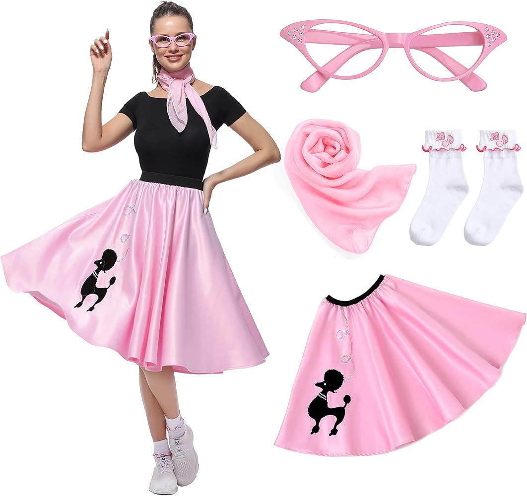 Women Sock Hop Costume, Adult 1950s Poodle Dress Costume, 50's Poodle Skirt with Glasses, Scarf a... | Amazon (US)