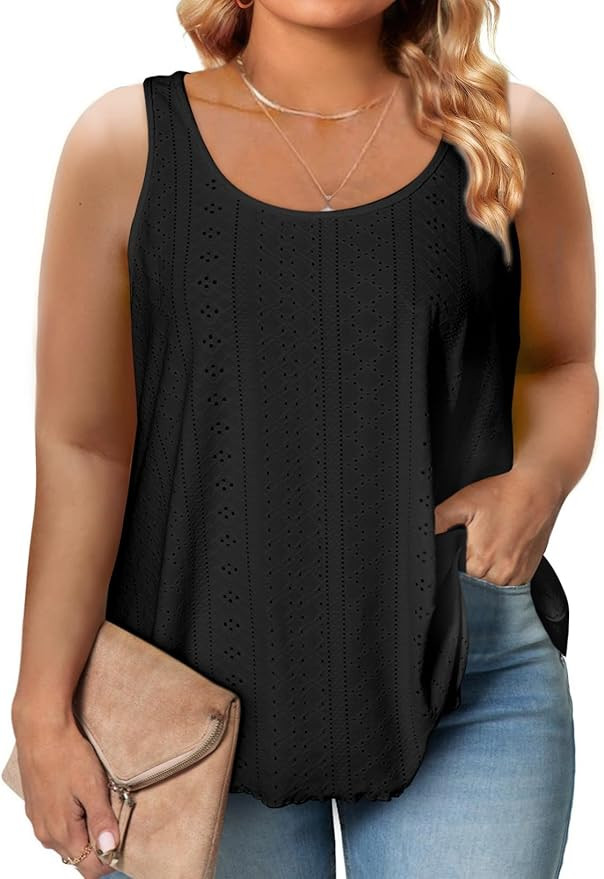 Eytino Womens Plus Size Tank Tops Summer Eyelet Embroidery Sleeveless T-Shirts Tops Scoop Neck Ca... | Amazon (US)