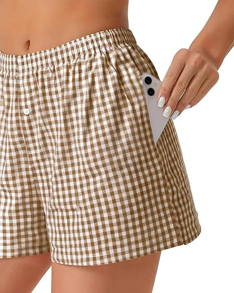 Boxer Shorts for Women Summer Gingham Pajama Casual Plaid Shorts Y2K Beach Bottoms with Pocket | Amazon (US)