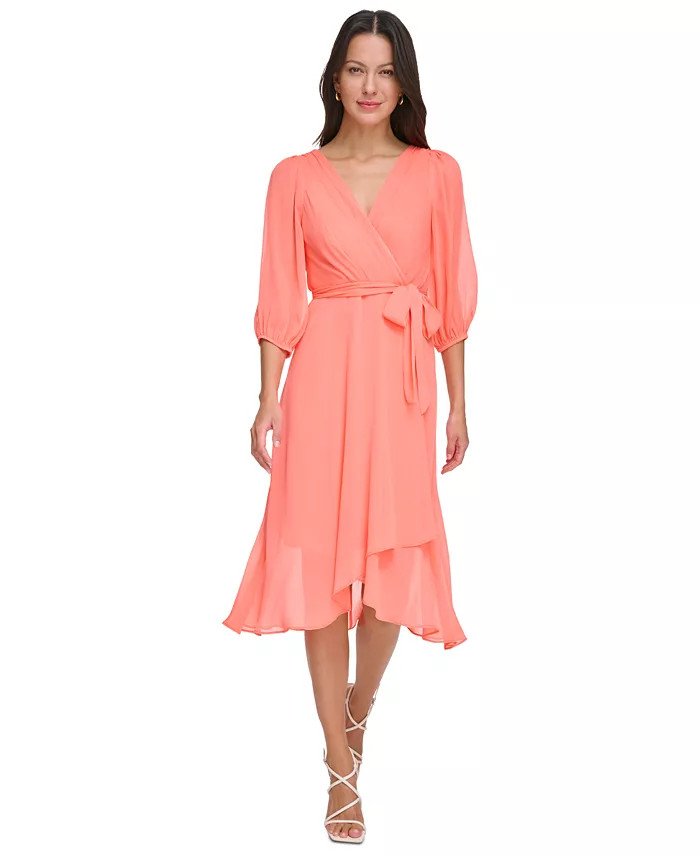Women's 3/4-Sleeve Tie-Waist High-Low Midi Dress | Macy's