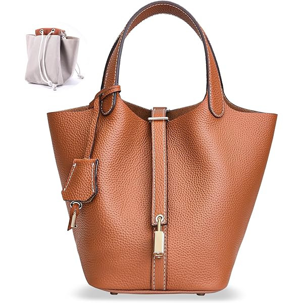 Genuine Leather Lock Design Bucket Bag Vegetable Basket, Fashionable and Versatile Satchel Handba... | Amazon (US)