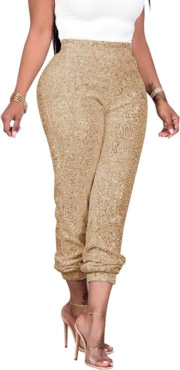 nqgsntc Women Casual Sequin Sparkle Glitter High Waist Pencil Pants Trousers Clubwear | Amazon (US)