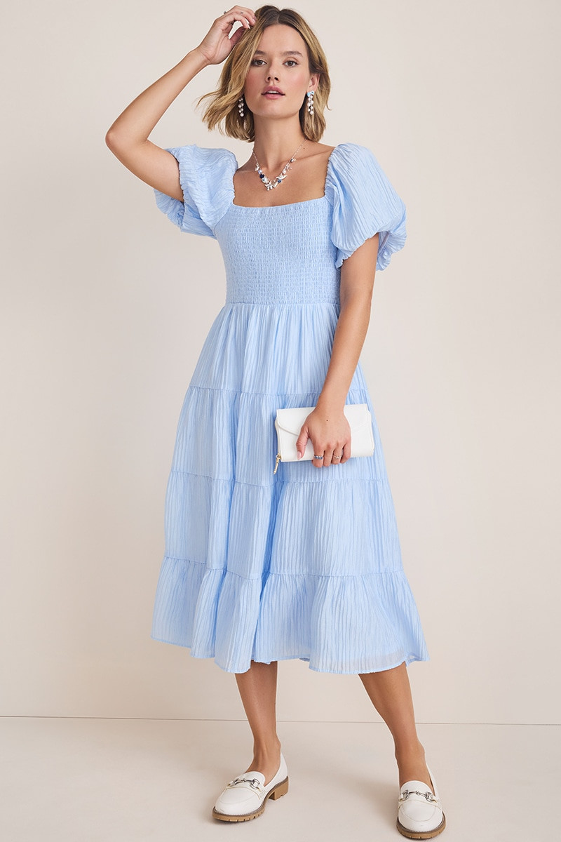 Stacey Puff Sleeve Smocked Midi Dress | Francesca's