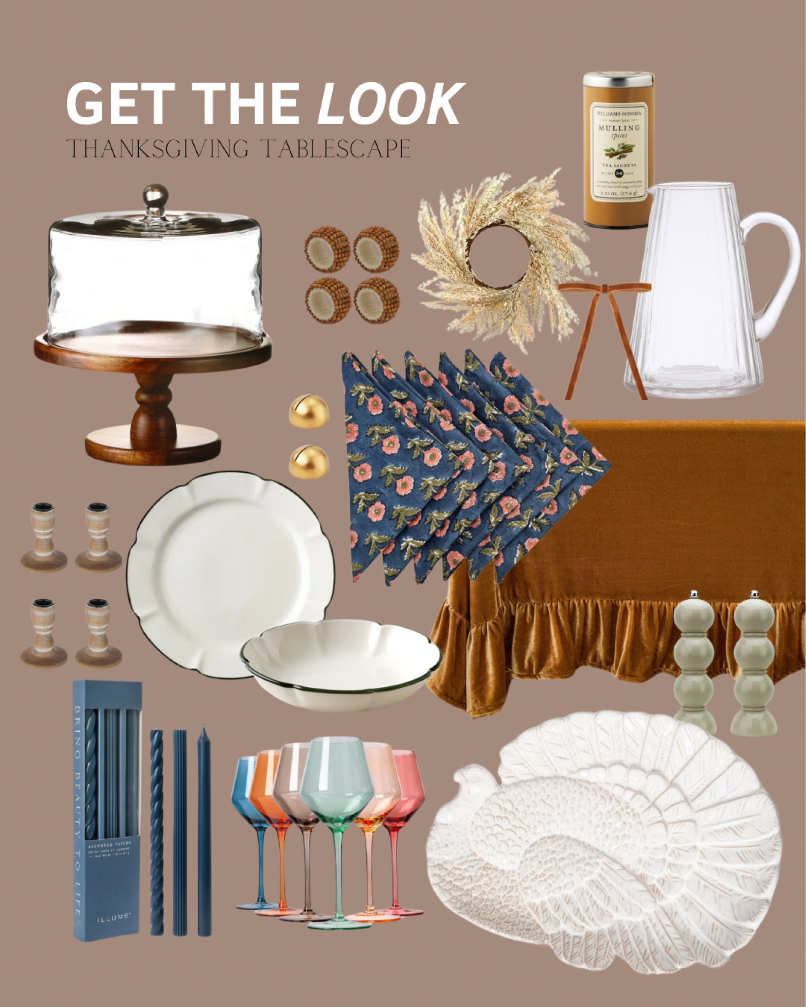 Create a stunning Thanksgiving tablescape with these l essentials! Start with a luxurious ruffled velvet tablecloth that sets the perfect foundation. Add a touch of elegance with beautiful blue block print floral napkins and a wooden pedestal with a dome to showcase your holiday desserts. The multi-colored wine glasses bring a vibrant pop to your table, while the white turkey platter is perfect for serving the main course. Don’t forget the small pampas grass wreaths that can be tied to the back of each chair with a pre-tied bow, adding a charming touch. And to top it all off, mulling spices will make your house smell amazing as guests enter. These little details make for a memorable Thanksgiving celebration!

#LTKParties #LTKHome #LTKSeasonal
