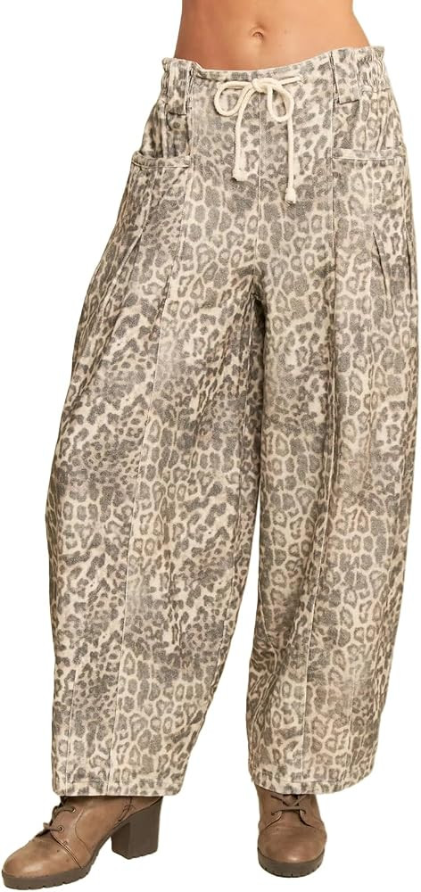 Women Baggy Barrel Pants Leopard Print Wide Leg Loose Fit Drawstring Waistband Pleated Casual Tro... | Amazon (US)