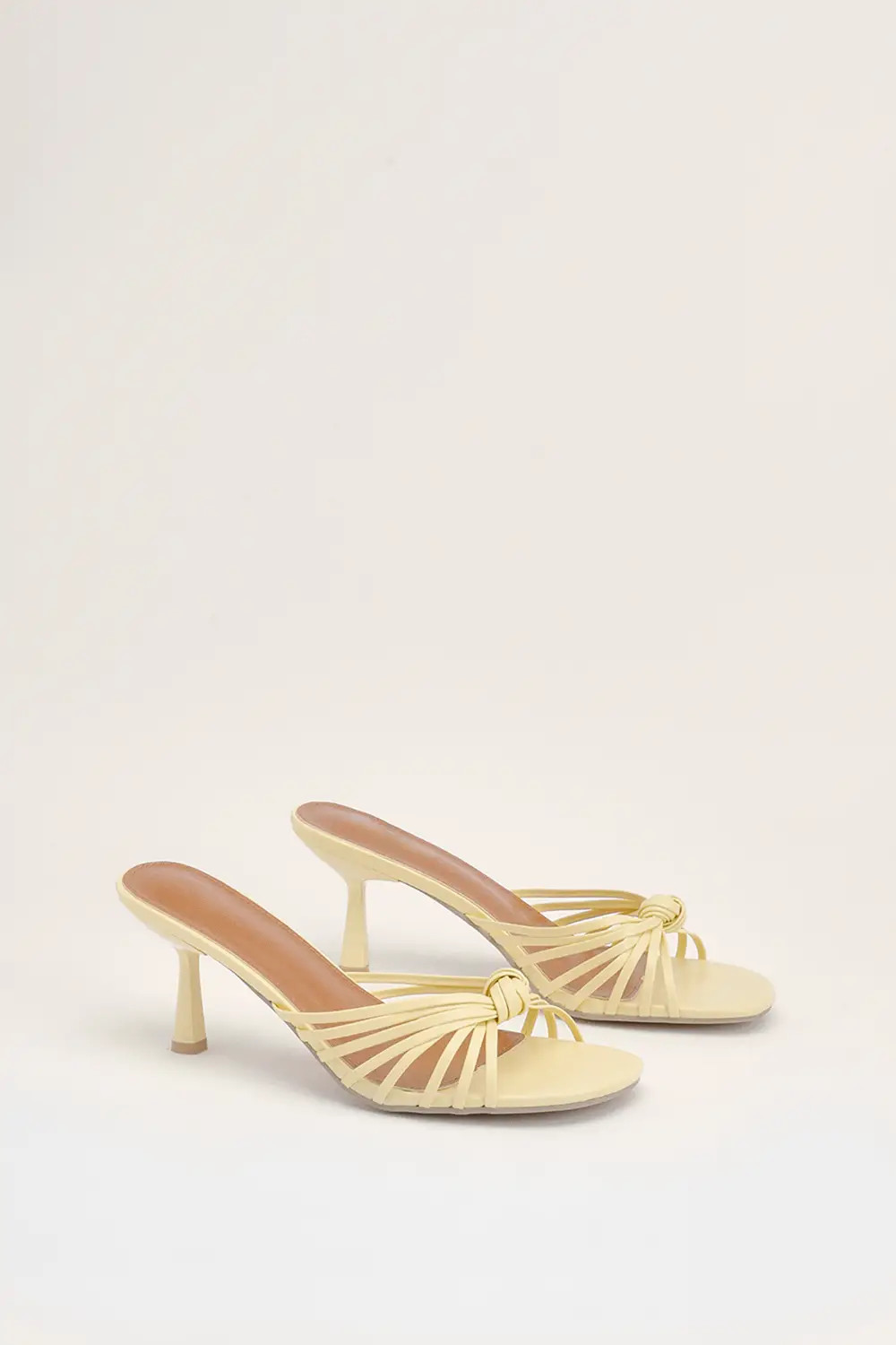Yellow MissPap Strappy Knot Heeled Mule Sandals | Boohoo | Boohoo.com (UK & IE)