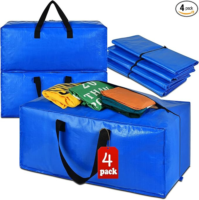 4 Pack Heavy Duty Extra Large Moving Bags - Strong Handles& Backpack Straps - Blue Storage Bags A... | Amazon (US)