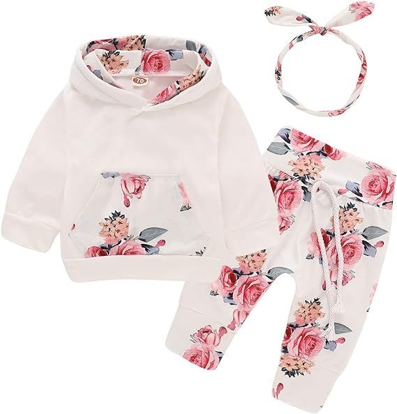 3Pcs Infant Toddler Baby Girl Clothes Long Sleeve Hoodie with Pocket Tops Floral Pants Outfits Se... | Amazon (US)