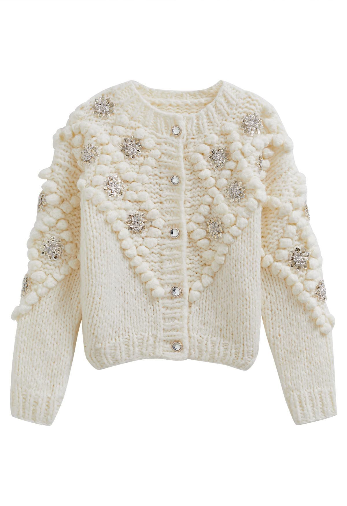 Sequined Flower Pom-Pom Knit Cardigan | Chicwish