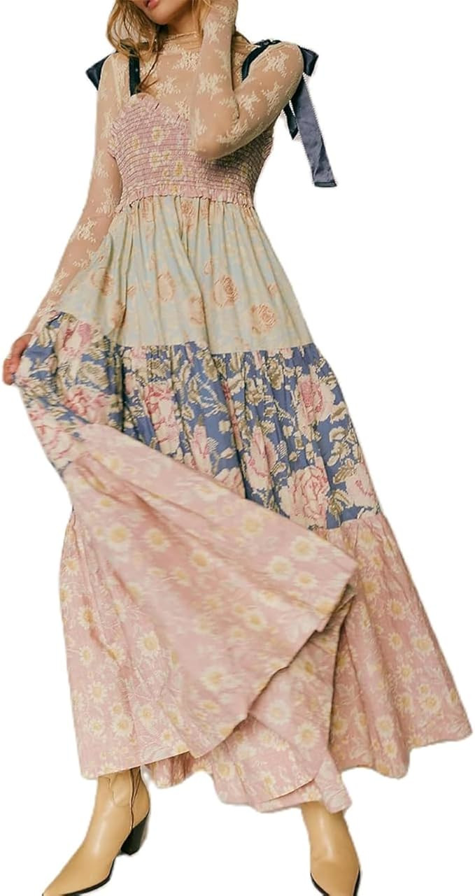 Women Floral Boho Sundress Tie Shoulder Smocked Patchwork Flowy Maxi Dresses with Pockets Summer ... | Amazon (US)