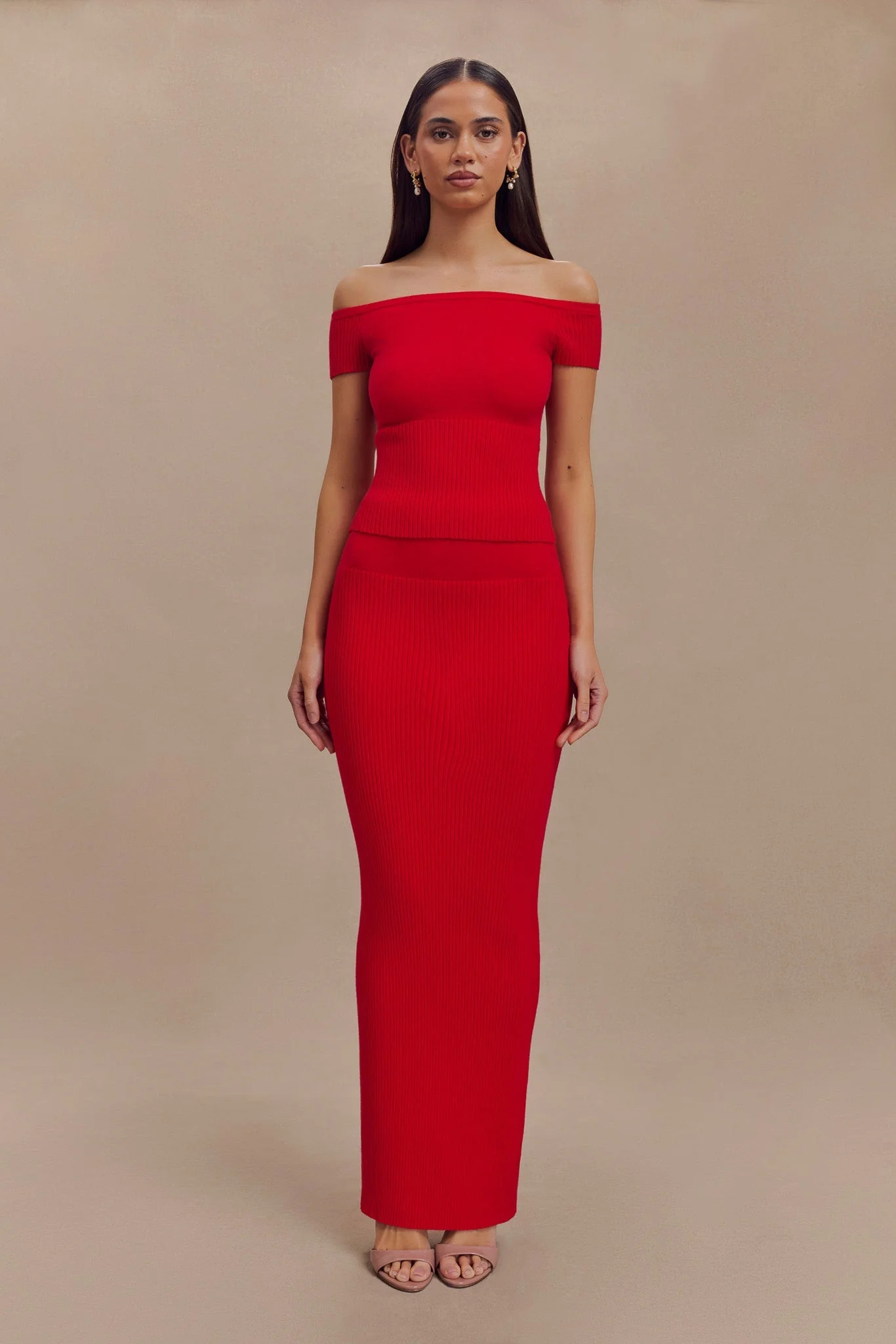 Mathilde Ribbed Knit Maxi Skirt - Ruby | MESHKI US