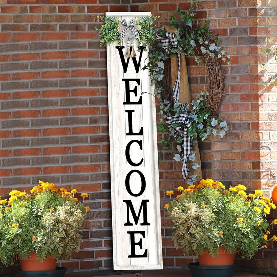 Outdoor Welcome Sign for Front Porch Standing 45"X9" Tall Wood Frame Vertical Leaner farmhouse Ou... | Amazon (US)