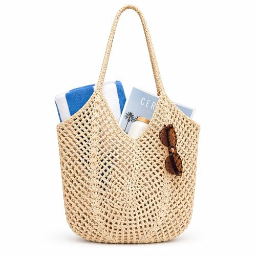 MBBEST Crochet Beach Bag for Women, Boho Mesh Knit Tote Purse, Handmade Cotton Summer Vacation Shoulder Handbag for Travel and Daily Use | Amazon (US)