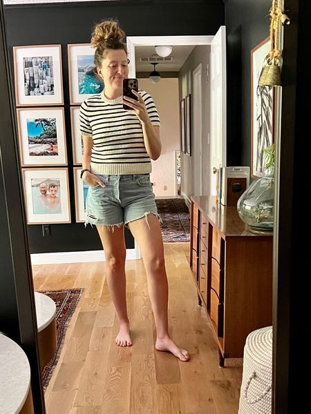 Casual spring-summer outfit. Love the striped sweater and the length of the cut off jean shorts. Sweater is TTS. I sized down one size in the shorts. 

#LTKSeasonal #LTKstyletip #LTKfindsunder100