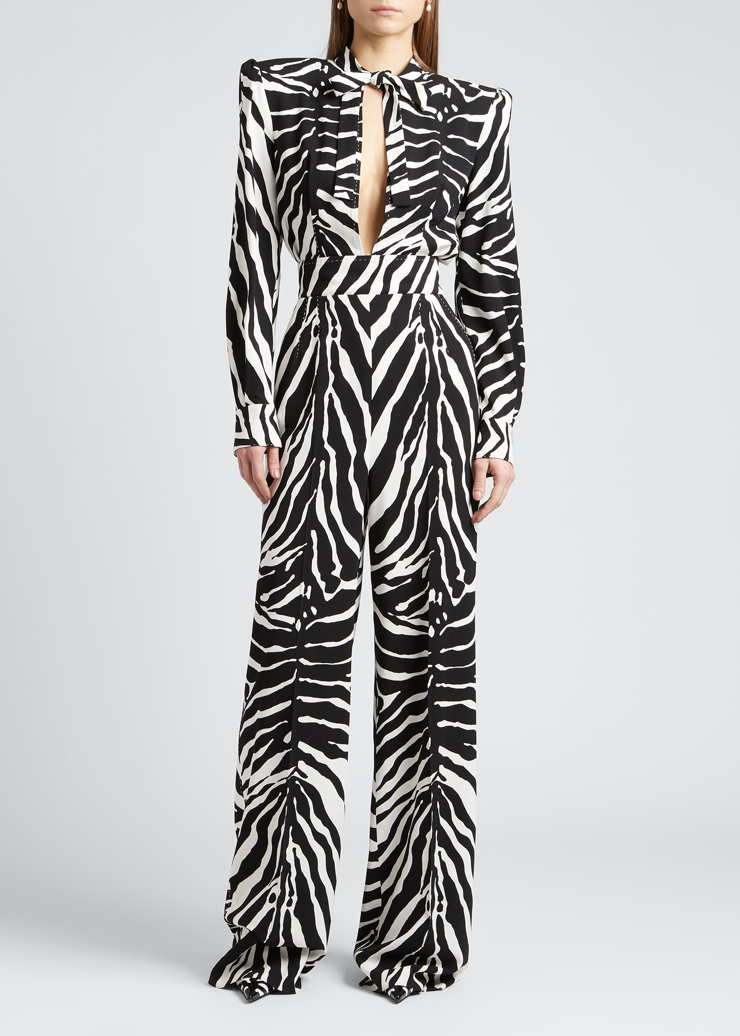 Zebra-Print Strong-Shoulder Cady Jumpsuit | Bergdorf Goodman