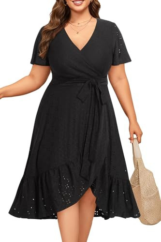 Talisea Plus Size Black Dress Wedding Guest Cocktail Funeral Semi Formal Wrap Midi Short Sleeve Flowy Curvy Party A Line 2025 | Amazon (US)
